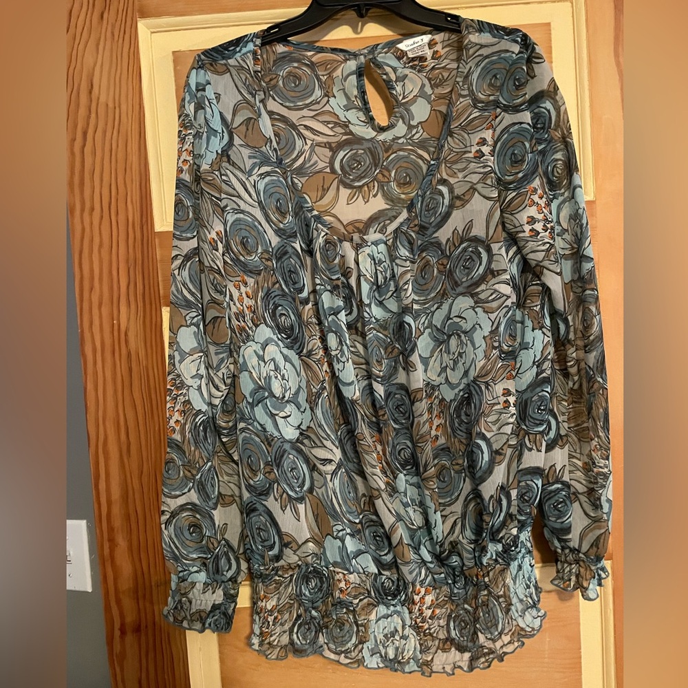 Fall Floral Blouse - Blue and Brown, Sheer Top